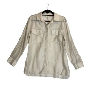 Hester & Orchard Sheer Tencel Button Up Chest Pockets Roll Tab Sleeve Blouse M